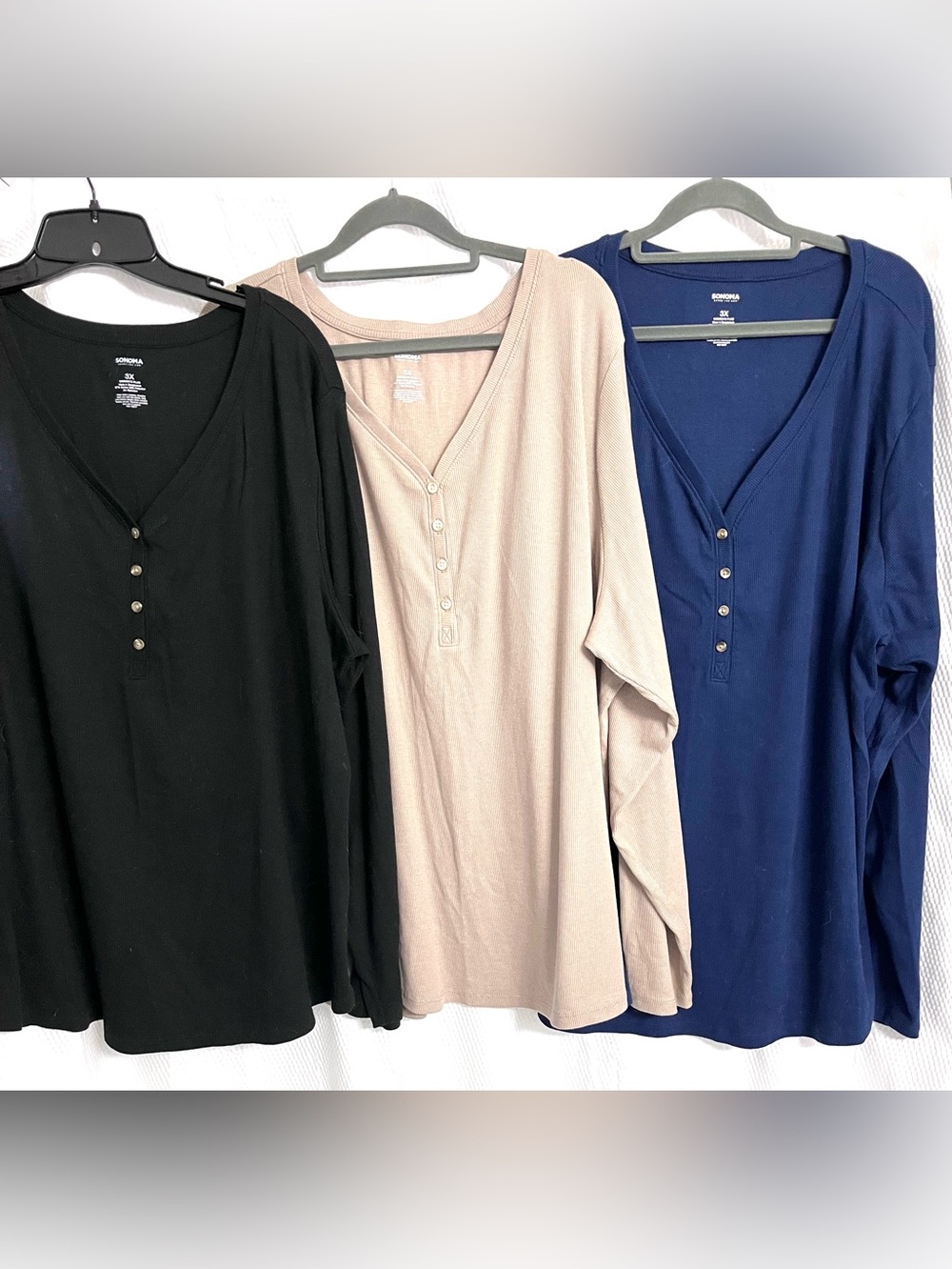 Sonoma Long Sleeve Henley Trio, Size 3X, EUC - Black, Tan, Navy